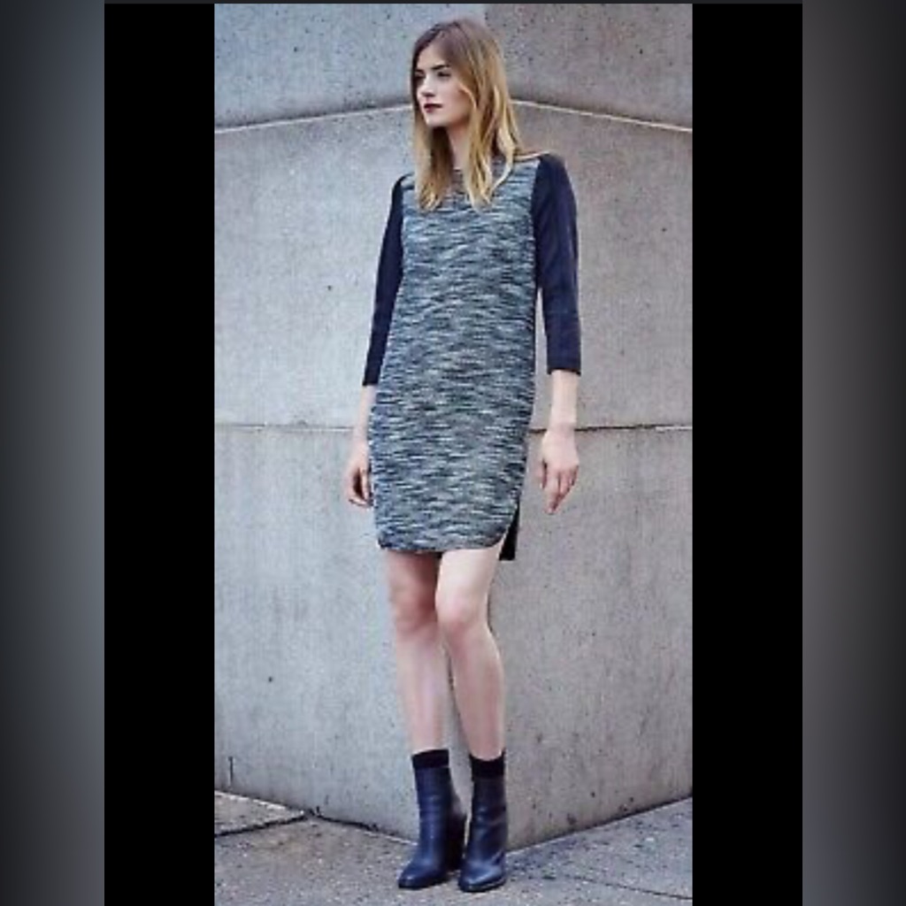 Vince Dress Women Small Black White Tweed Shift Pockets Slit Classic Mini